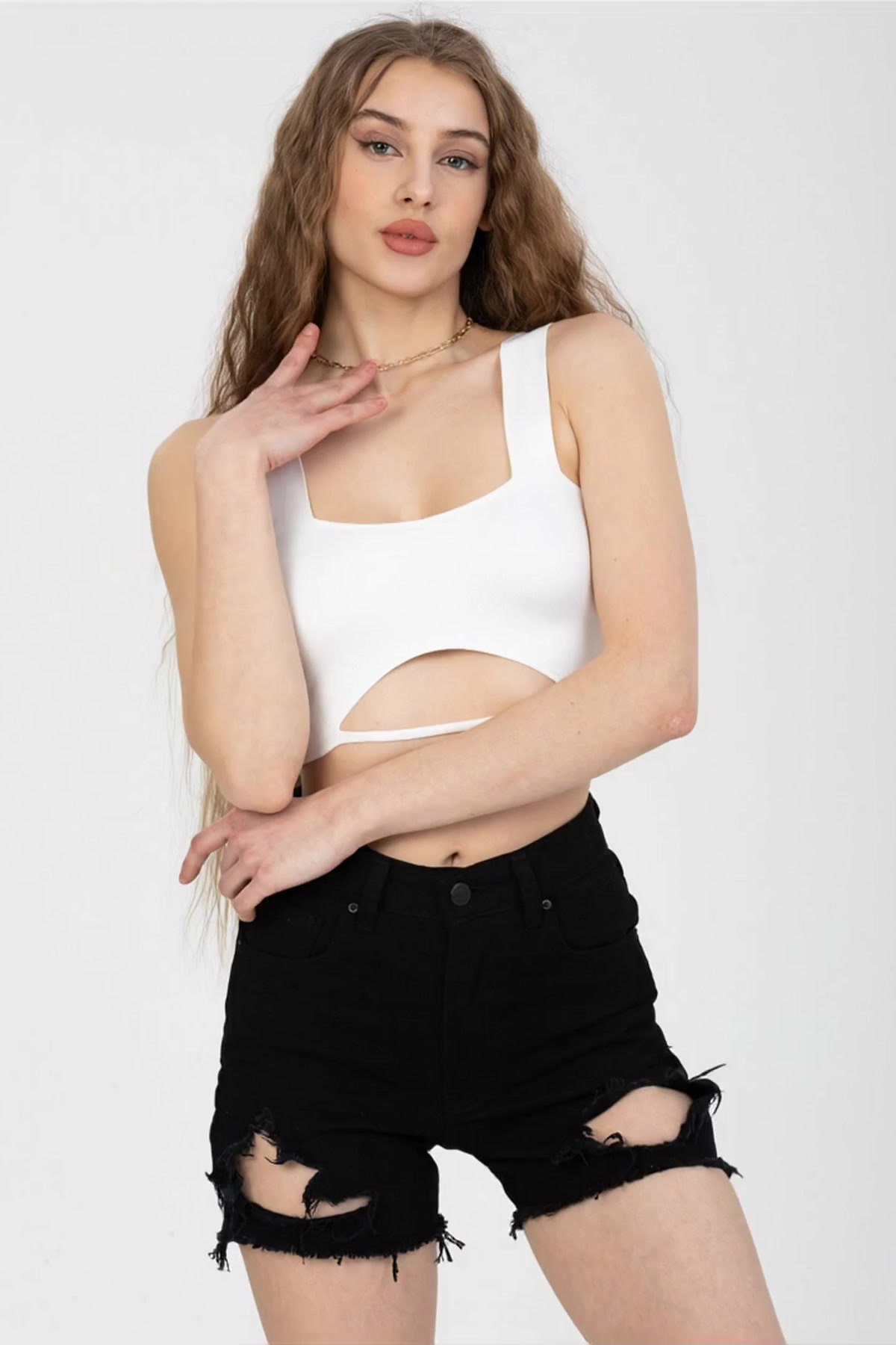 Rodi Kadın Askılı Triko Crop — Beyaz